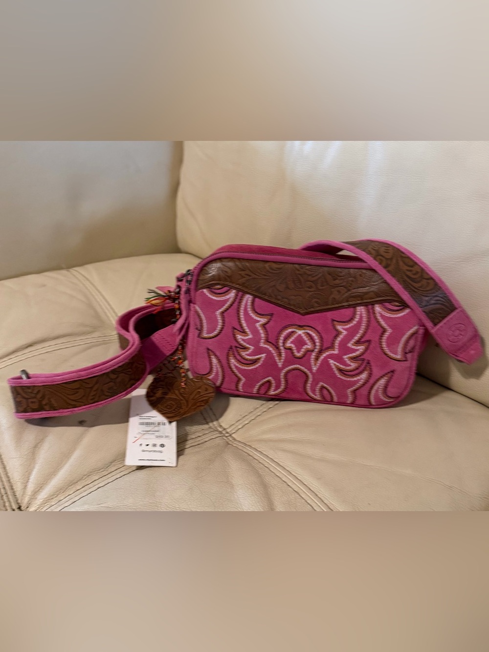 Pink Western Embroidered suede and leather Crossbody Bag